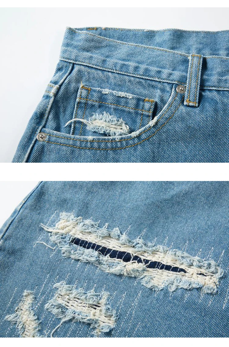 Mens Fashion Denim Jean Shorts Summer Casual Destroyed Ripped Destressed Holes Loose Shorts Hip Hop Streetwear Shorts Joggers
