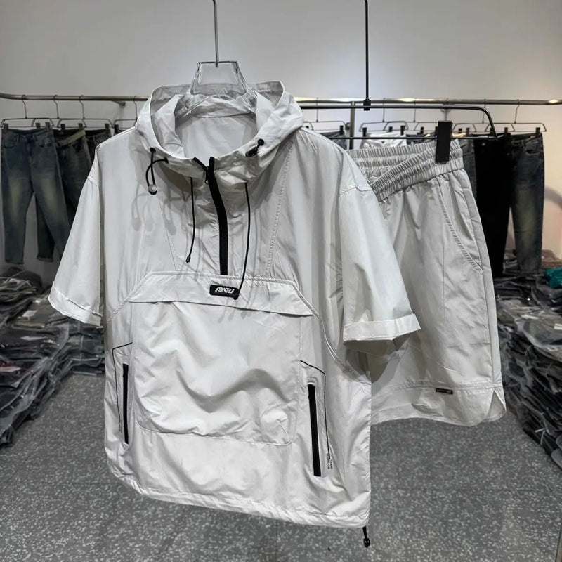 Summer Short Sleeved Shorts Set Workwear Pocket Hooded Zip Top Loose T
