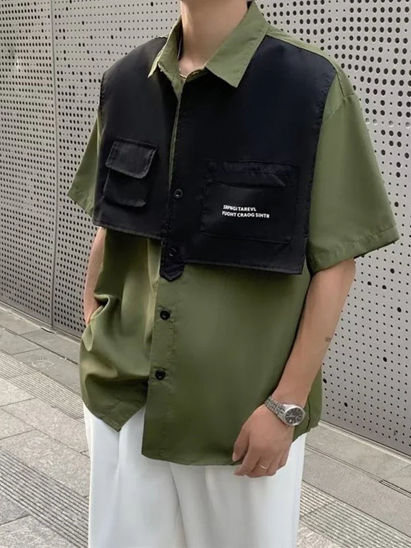 Harajuku Aesthetic drop – Design Patchwork Short Sleeve Cargo Shirt For Men Summer Vintage