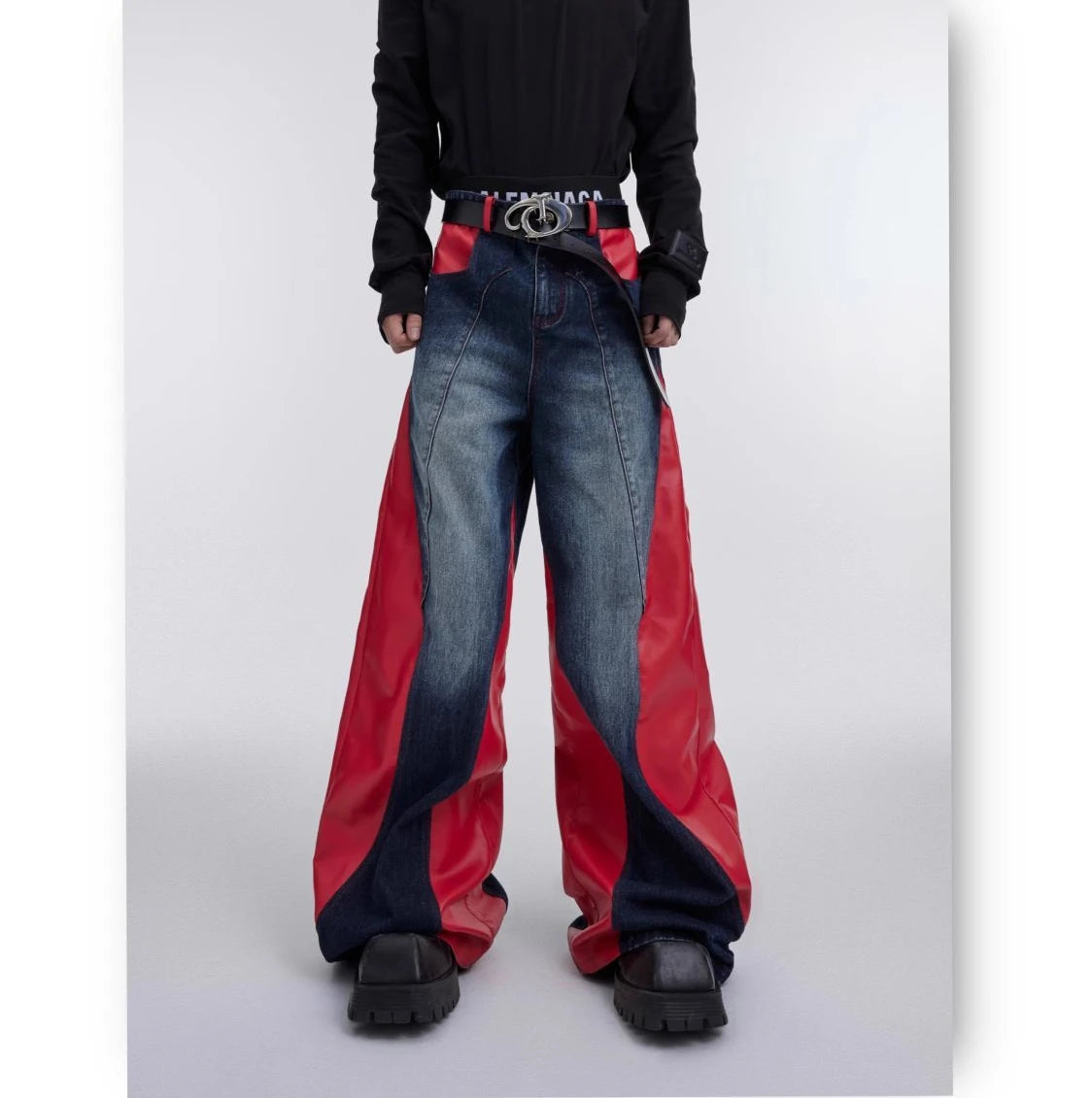 y2k retro washed splicing jeans for men new hip hop punk pu leather baggy jeans straight casual black denim trousers streetwear unique jeans style 671
