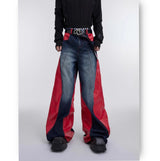 y2k retro washed splicing jeans for men new hip hop punk pu leather baggy jeans straight casual black denim trousers streetwear unique jeans style 671