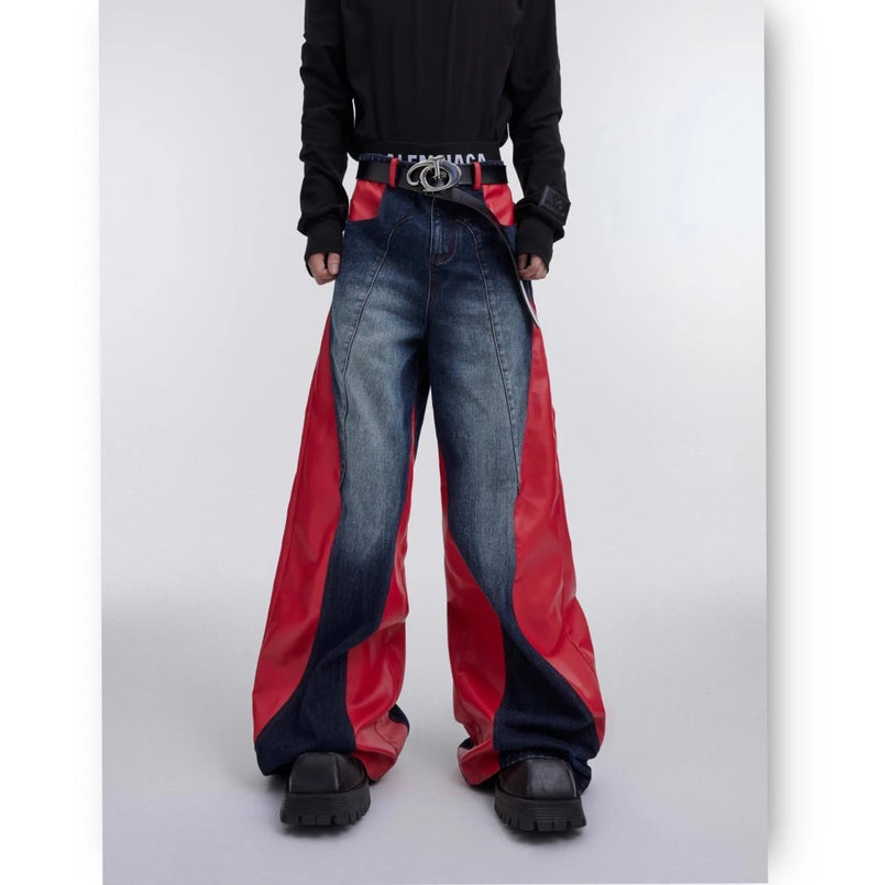 y2k retro washed splicing jeans for men new hip hop punk pu leather baggy jeans straight casual black denim trousers streetwear unique jeans style 671