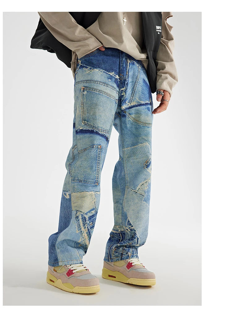 fashion fake patchwork printed denim jeans mens new casual zipper straight loose jeans streetwear hip hop baggy pants joggers unique joggers style 2422