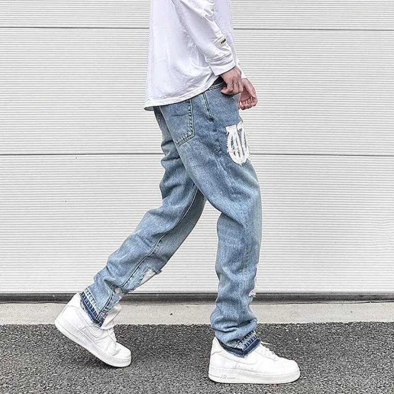 letters patckwork bottom ripped denim jeans men casual straight biker trousers fashion streetwear hip hop jean pants joggers sporty tapered joggers