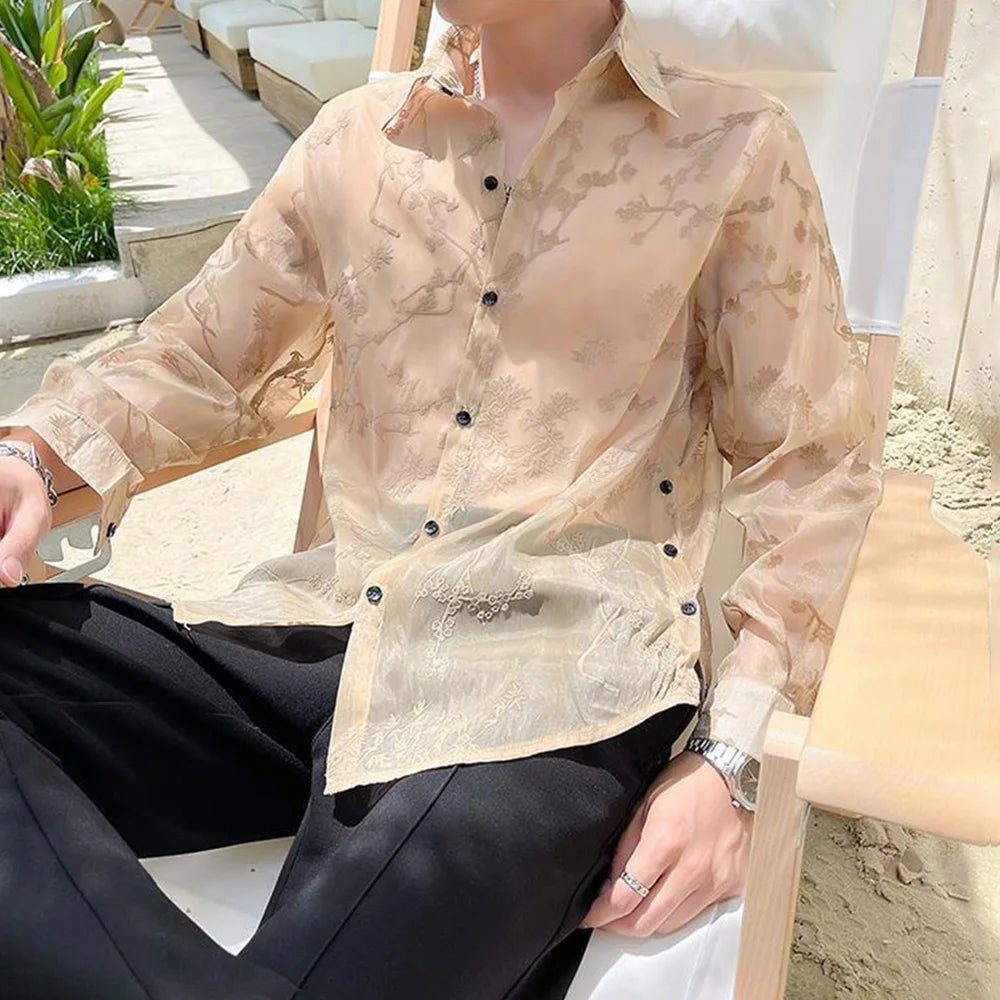 Mens Shirt Semi Transparent Exquisite Bamboo Plum Jacquard Embroidery Pattern Shirt Light Weight Sensual Long Sleeve Tops Summer