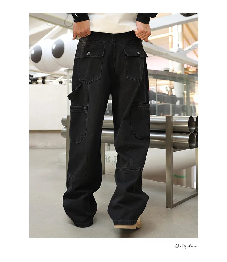 men american streetwear fashion loose casual hip hop wide leg black denim baggy jeans pants man y2k cargo jeans trousers unique cargo style 2337