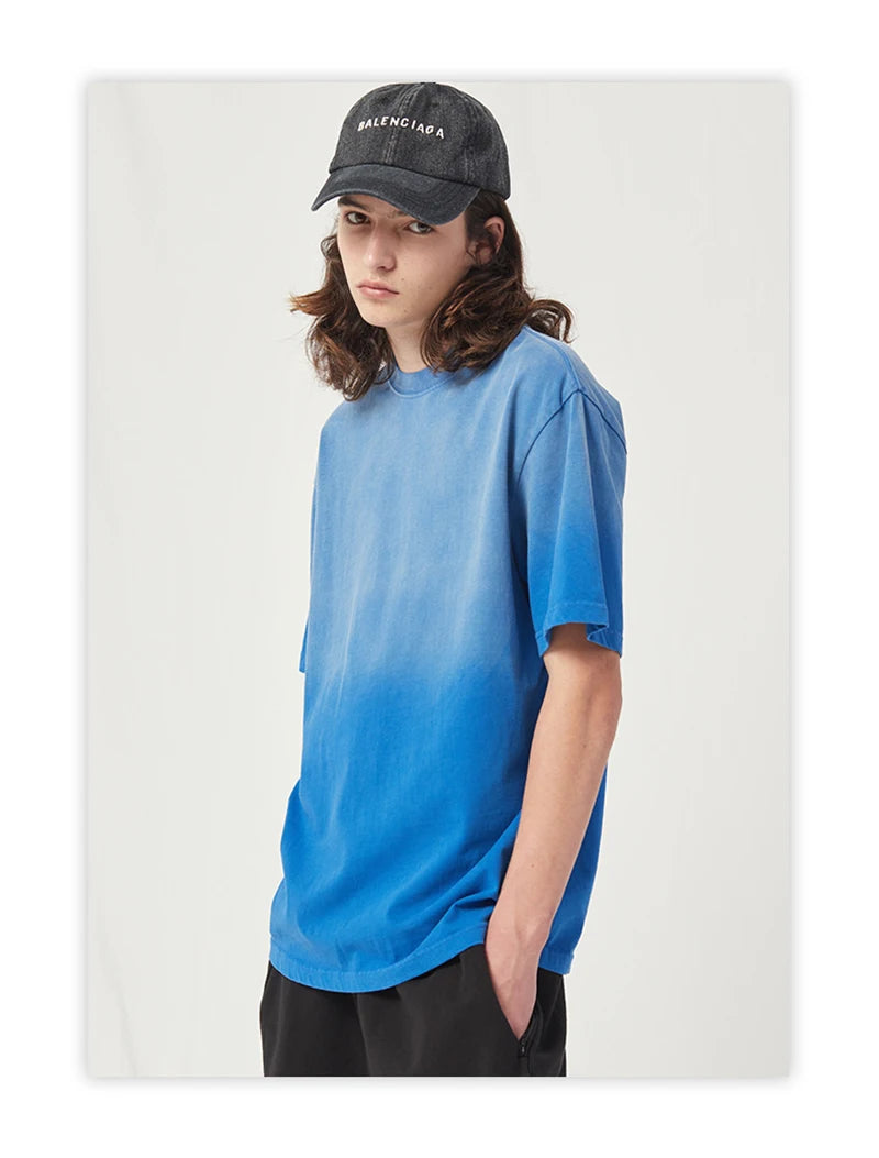 Spring Summer New Products Fried Color Wash Water Gradient Color Loose Short-sleeved Casual Basic Bottoming Round Neck