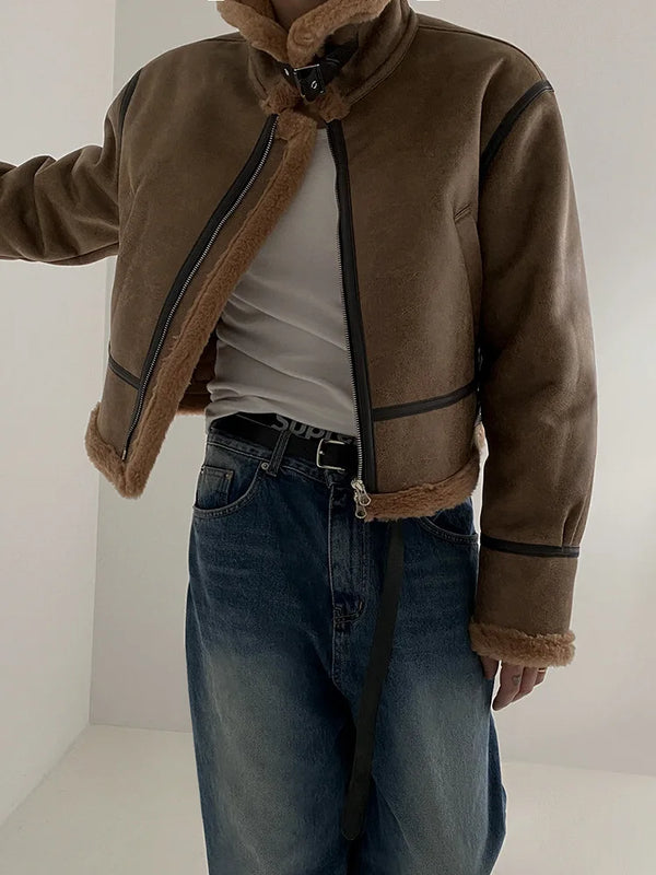 Winter Fur One-piece Cotton-padded Coat Men's Winter Korean-style Loose Suede Deer Leather Lambskin Motorcycle Leather Jacket
