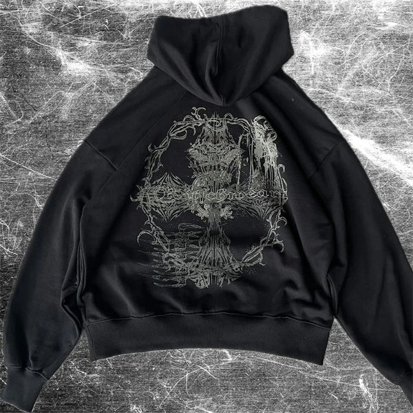 Y2k Women's Long Sleeved Hoodie Oversize Streetwear Sweatshirt Dark Hip Hop Punk Pattern Printed Vintage Harajuku Trendy Wear