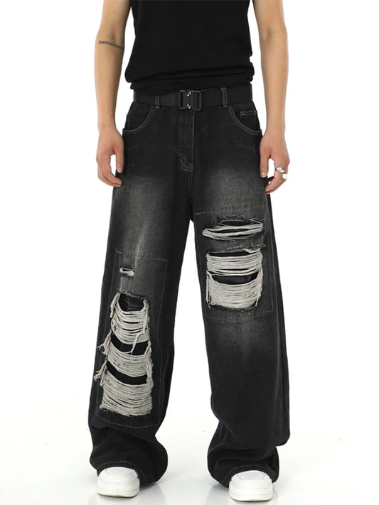 fashion ripped holes denim jeans harajuku patchwork straight jean trousers y2k trouser mens hip hop streetwear baggy jeans pants urban skinny jeans