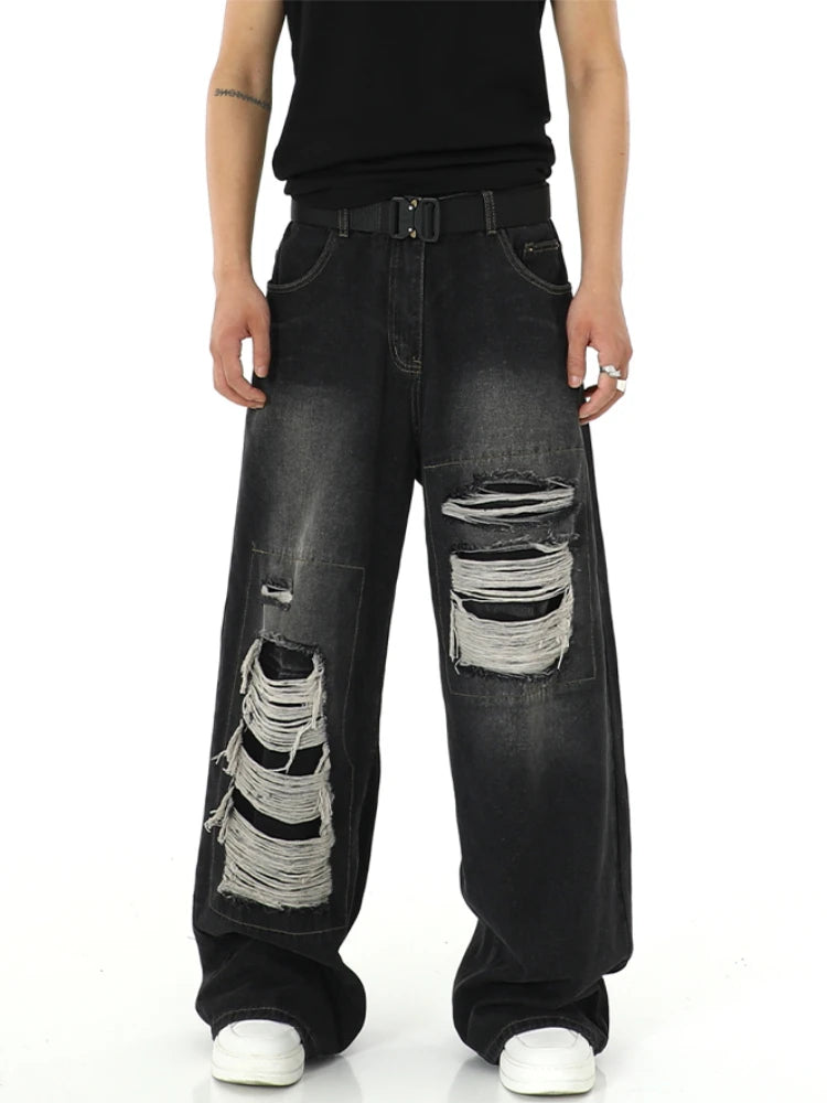fashion ripped holes denim jeans harajuku patchwork straight jean trousers y2k trouser mens hip hop streetwear baggy jeans pants urban skinny jeans