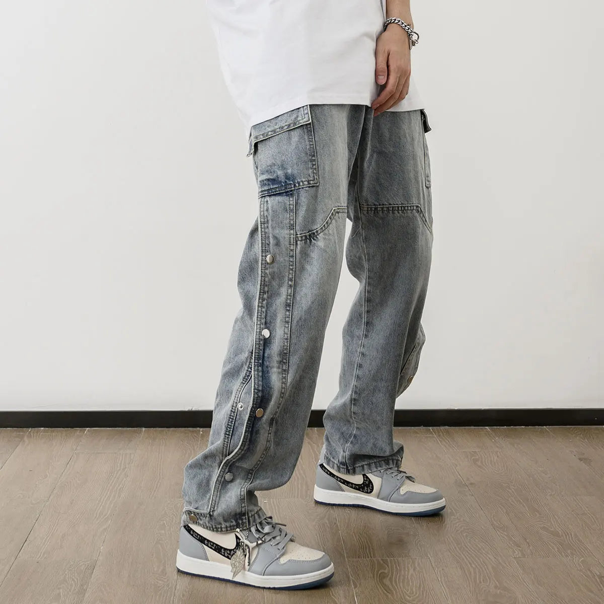 men fashion denim jeans casual bottom button open straight jeans with pockets hip hop streetwear zipper cargo joggers jean pants unique joggers style 2515