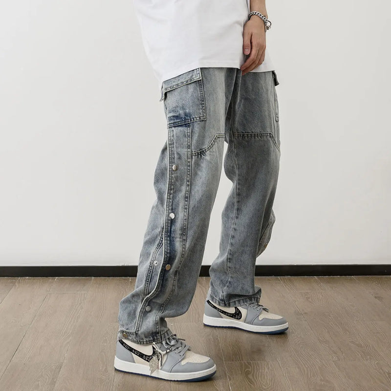 men fashion denim jeans casual bottom button open straight jeans with pockets hip hop streetwear zipper cargo joggers jean pants unique joggers style 2515