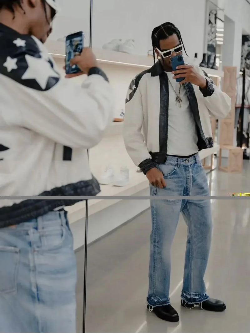 kanye west heavy industry high street jeans straight tube washed knives cut ground edges sagging jeans pants holes for men unique jeans style 2022