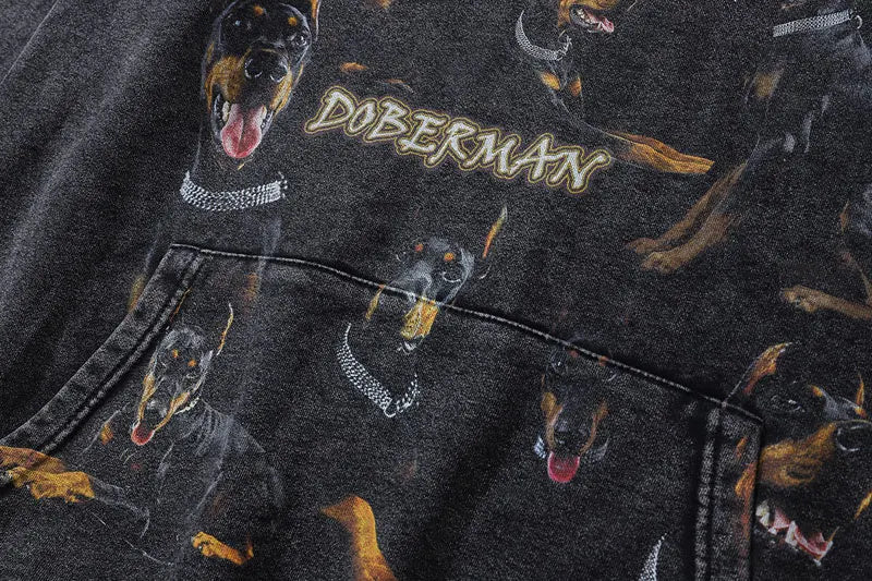 Vintage Men Hoodie Sweatshirt Y2K Doberman Dog Animal Print Punk Goth