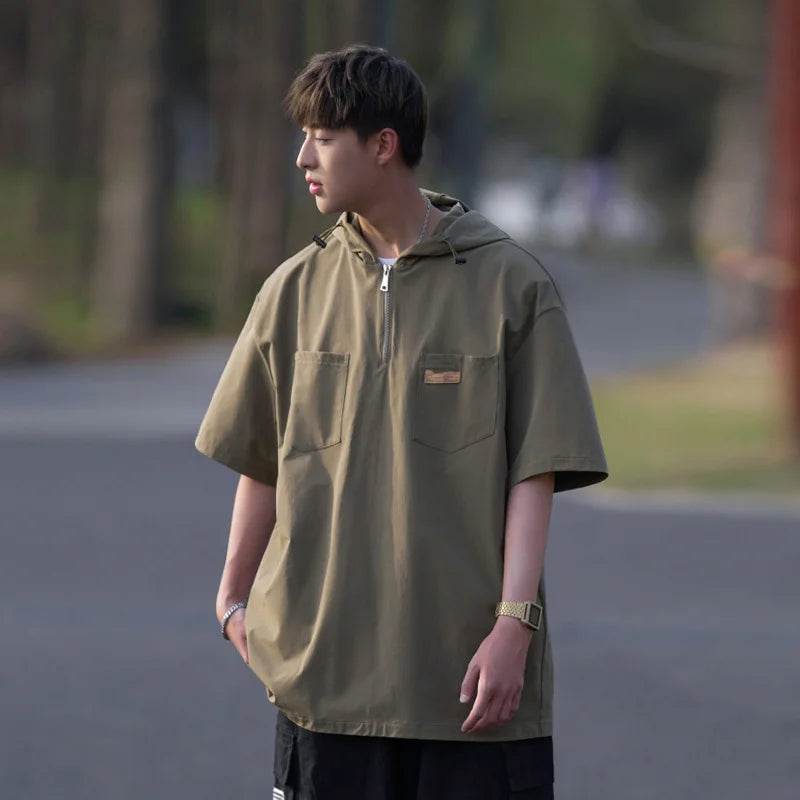 Skatercore Angelcore design – Summer Fashion Hoodie Zipper Cargo T Shirts Mens Loose Short