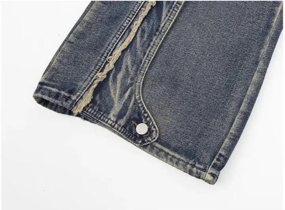 high street jeans mens spring autumn rough edge splicing design trendy denim pants multiple pockets punk cowboy flared trousers unique jeans style 425