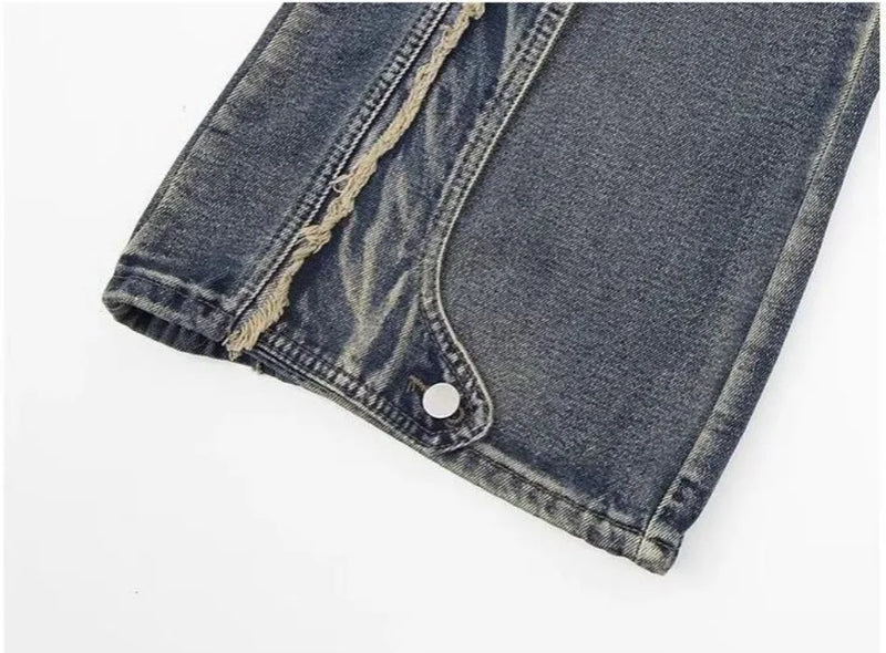 high street jeans mens spring autumn rough edge splicing design trendy denim pants multiple pockets punk cowboy flared trousers unique jeans style 425