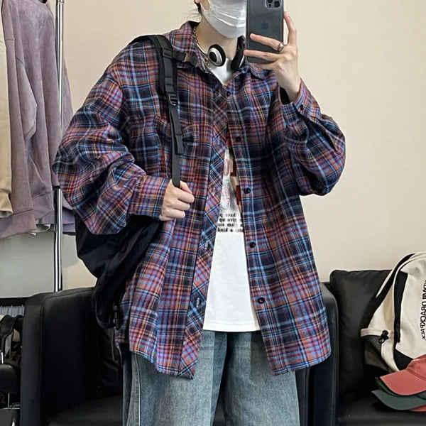 Autumn Long Sleeved Shirt Men Oversized Fashion Retro Casual Shirt Men Streetwear Plaid