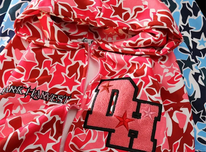 Harajuku Oversized Camouflage Demon Embroidery Hoodies Sweatshirt Goth