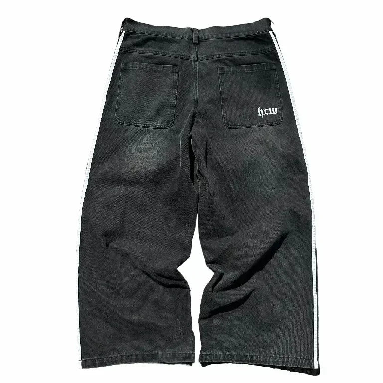 gothic embroidered wide leg denim pants high street streetwear harajuku retro hip hop mens jeans y2k black striped baggy jeans ripped baggy denim