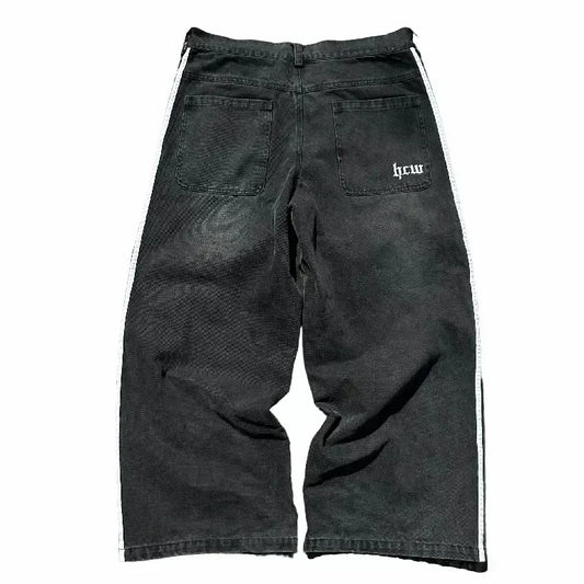 gothic embroidered wide leg denim pants high street streetwear harajuku retro hip hop mens jeans y2k black striped baggy jeans ripped baggy denim
