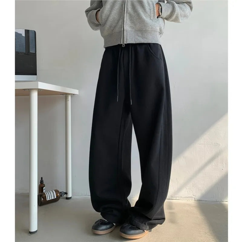 winter new mens tie dye fleece casual pants side striped wide leg straight sweatpants neutral high quality long baggy trousers unique joggers style 870