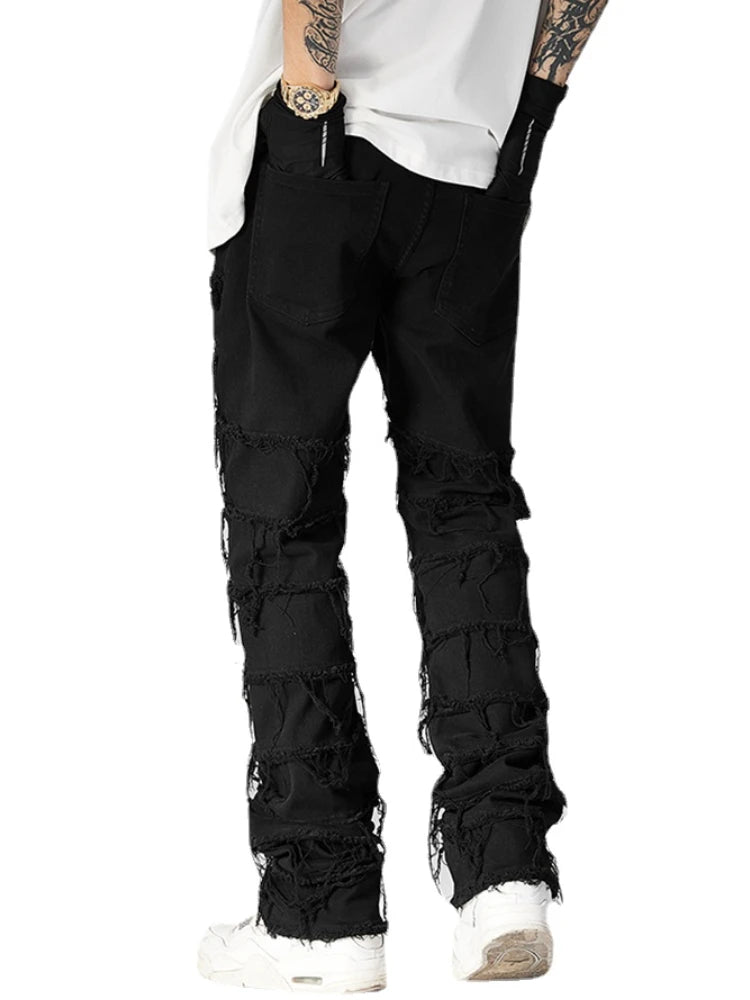 destroyed ripped pieced patchwork denim jean pants casual straight biker trousers mens fashion y2k hip hop streetwear joggers sporty tapered joggers