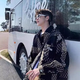 checkered varsity coat, layered streetwear look, trendy