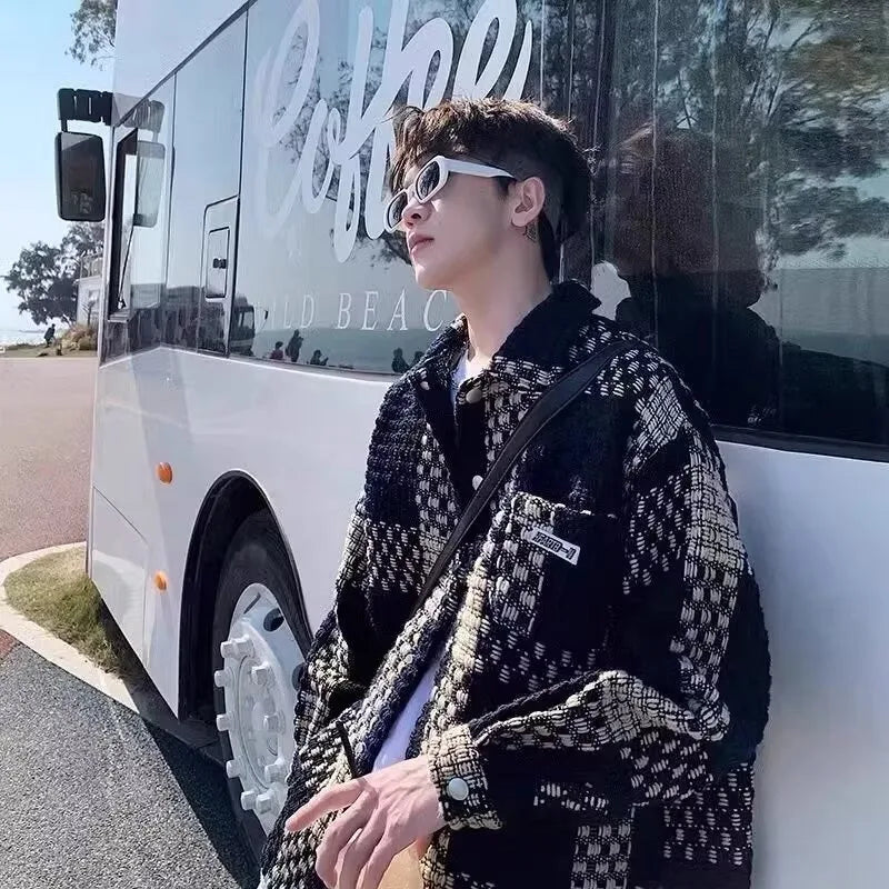 checkered varsity coat, layered streetwear look, trendy