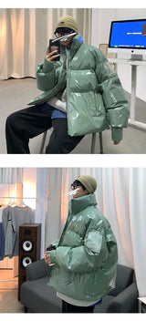 Winter Jacket Men Parkas Thicken Warm Coat Stand Collar Oversize Parkas Bright Leather Fabric Jacket Korean Style Padded Coat