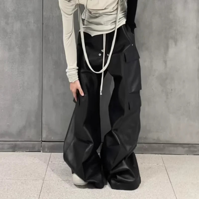 ro style matte pu leather pants for men high street y2k pantalones hombre baggy overall wide leg drawstring cargo pants unique cargo style 5557