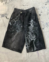 y2k american street retro graffiti anime print oversized denim shorts men shorts high waist fashion loose casual wide leg pants unique jeans style 3501