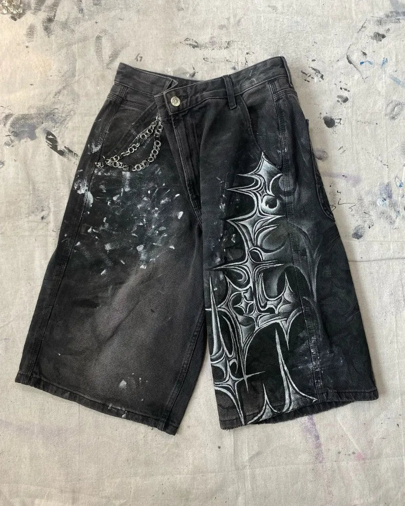 y2k american street retro graffiti anime print oversized denim shorts men shorts high waist fashion loose casual wide leg pants unique jeans style 3501