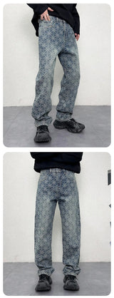 men jacquard streetwear hip hop vibe casual straight denim jeans pants boyfriend high street ripped jeans trousers unique jeans style 3119