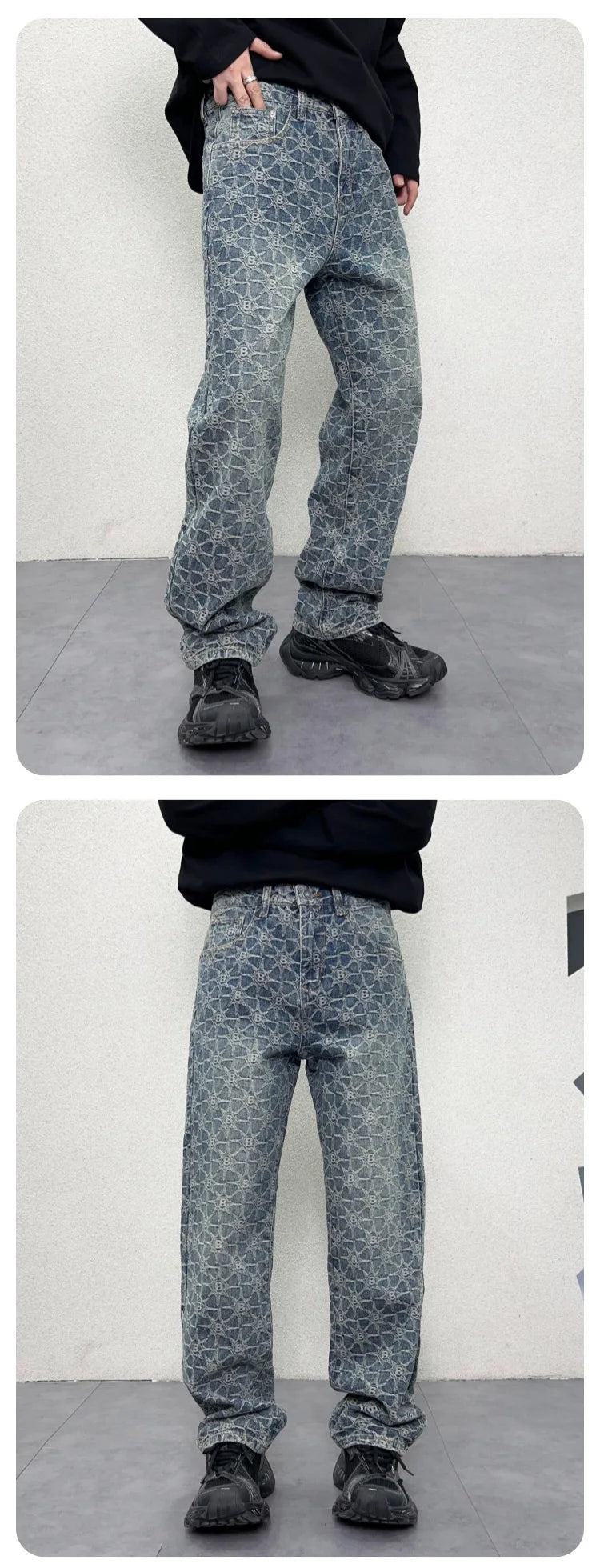 men jacquard streetwear hip hop vibe casual straight denim jeans pants boyfriend high street ripped jeans trousers unique jeans style 3119