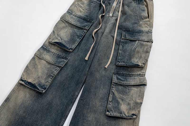 RO Style Gradient Ribbons Multi-pockets Drawstring Jeans for Men Harajuku Streetwear Baggy Y2K Denim Trousers Oversized Cargos