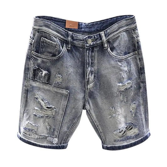 Light Blue Ripped Summer Denim Shorts Street Heavy Washed Destroyed Shorts Men