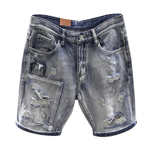 Light Blue Ripped Summer Denim Shorts Street Heavy Washed Destroyed Shorts Men