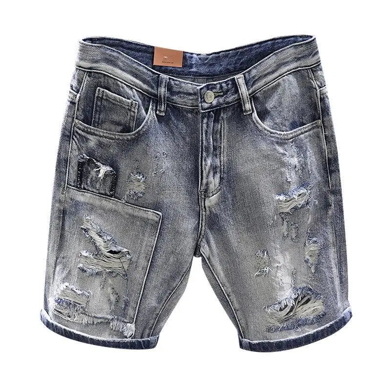 Light Blue Ripped Summer Denim Shorts Street Heavy Washed Destroyed Shorts Men