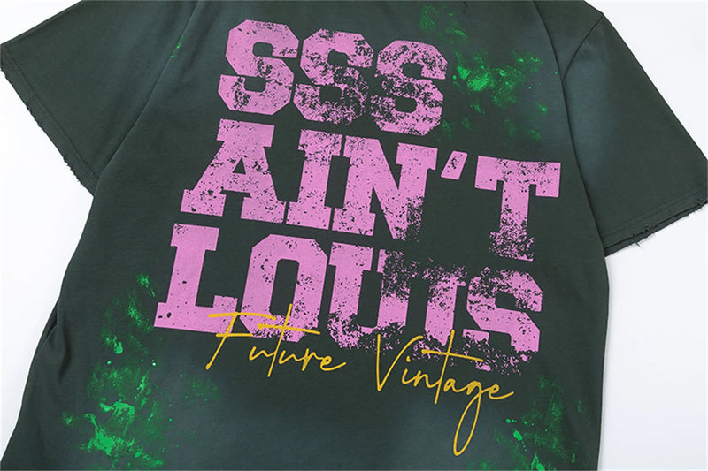 SSSAINT LOUIS Vintage Retro Distressed Logo Letter Print Round Neck Washed Worn High-Street Loose Tops T shirt Tee