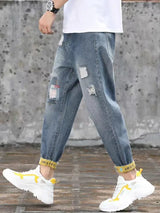mens jeans with holes man cowboy pants cropped harem hip hop trousers 2024 korean style torn ripped broken retro classic pants denim street jeans
