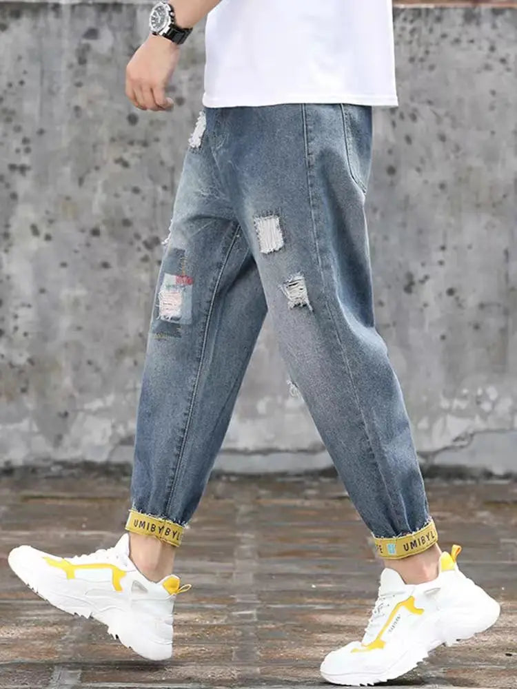 mens jeans with holes man cowboy pants cropped harem hip hop trousers 2024 korean style torn ripped broken retro classic pants denim street jeans