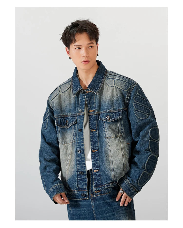 casual layering jacket featuring 2024 spring autumn new oversized armor padded jean coat for men turtle shell ripped denim jacket for men super size clothes design – premium quality jacket for men