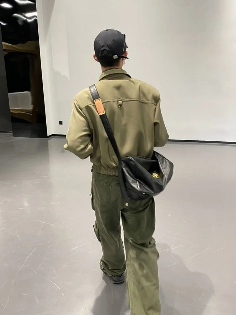 high street y2k men set casual loose lapel jacket hip hop multi pocket overalls 2 piece spring autumn fashion couple suit trend unique default style 4593