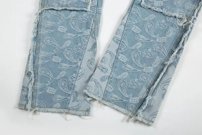 men distressed ripped patchwork paisley denim jean trouser fashion zipper biker jeans streetwear flare pants loose joggers jeans unique joggers style 5049