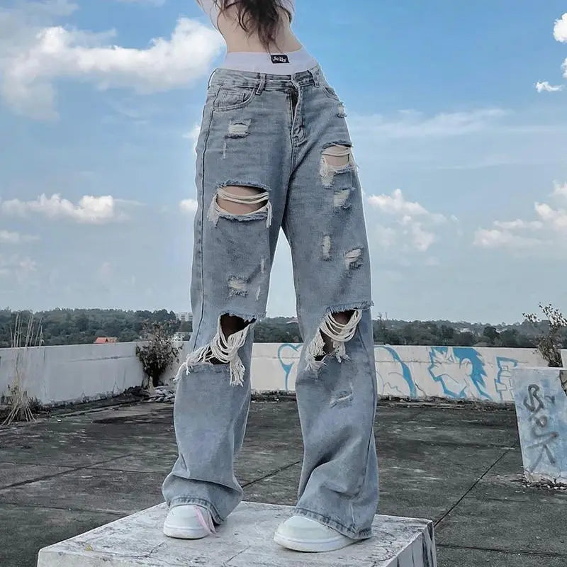 streetwear straight pants ladies ripped jeans mid waist loose wide leg pants ladies jeans y2k summer high street cargo pants unique cargo style 2733