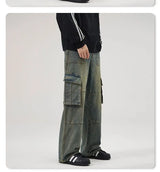spring and autumn retro men and women trendy straight tube multi pocket work clothes jeans american couple loose casual pants unique jeans style 34