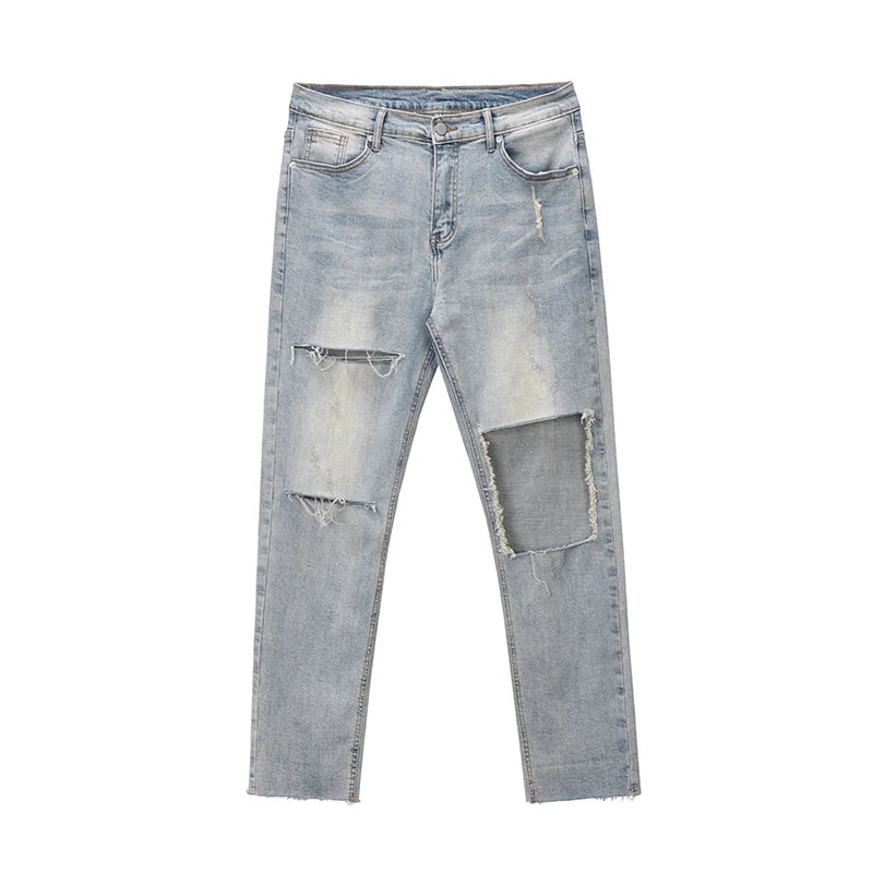 destroied big holes ripped denim jeans mens distressed biker jeans fashion high street slim straight pants streetwear joggers unique joggers style 1359