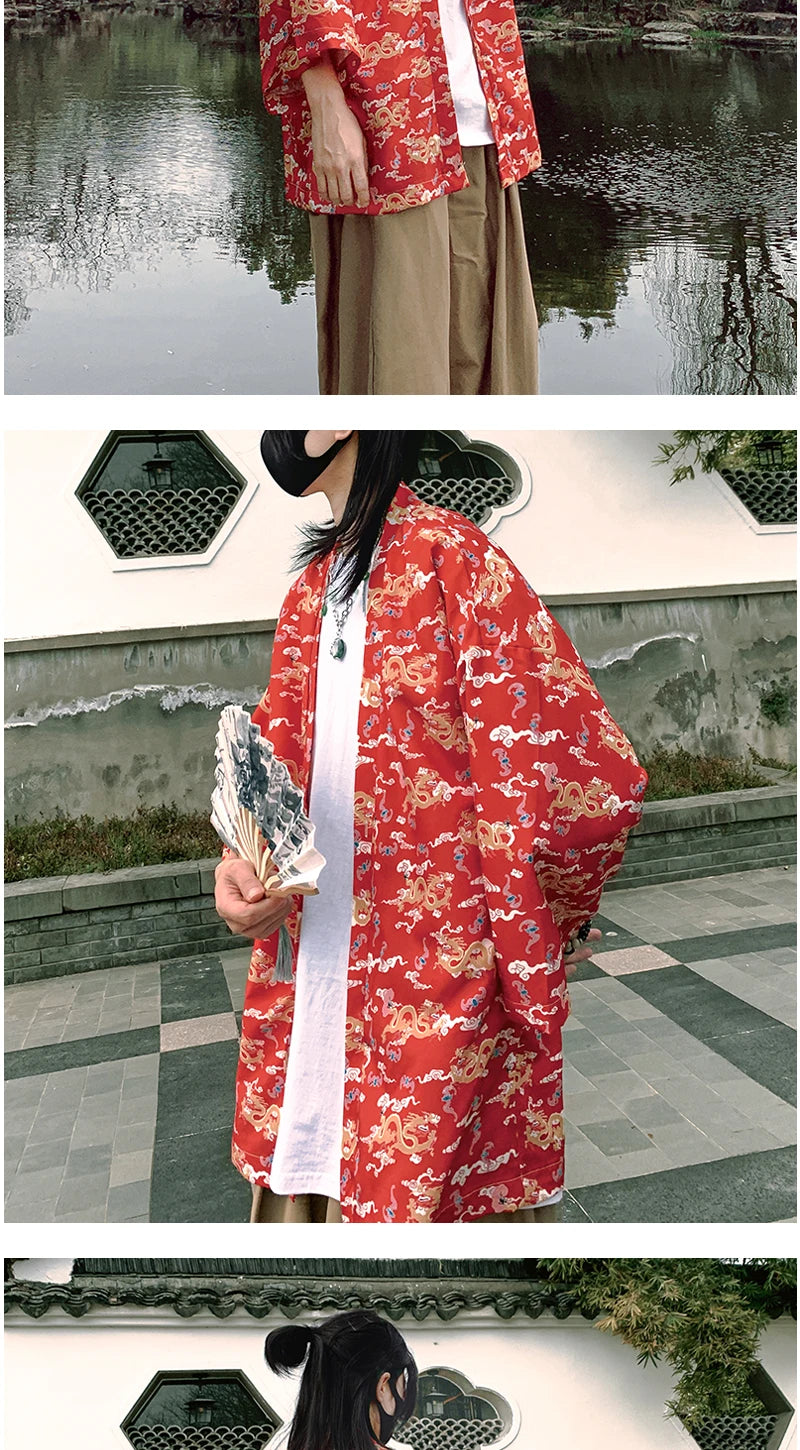 Japanese Style Men's Lightweight Kimono Jacket Dragon Print Kimono Cardigan New Arrival Street Shirt Harajuku Kimono Couple Tops